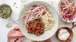 Quick beef burrito bowl with brown rice & rainbow slaw recipe