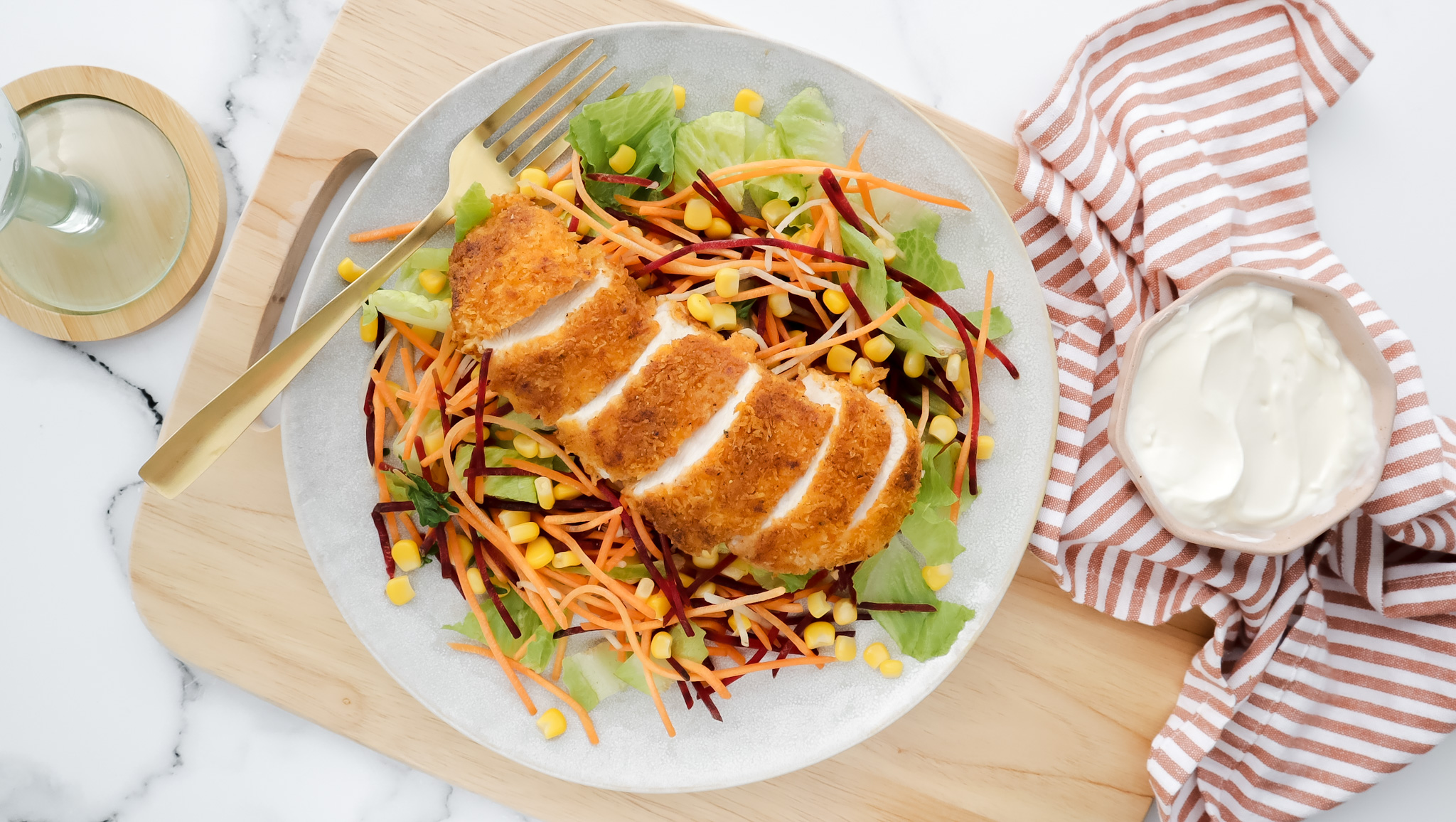Quick crispy crumbed chicken with creamy corn slaw salad & smoky mayo recipe