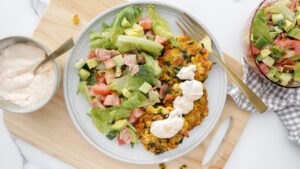 Rainbow corn fritters with bacon salad & sweet chilli cream recipe