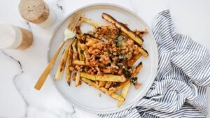 BBQ, cheese & pork loaded sweet potato fries with BBQ mayo swirl recipe