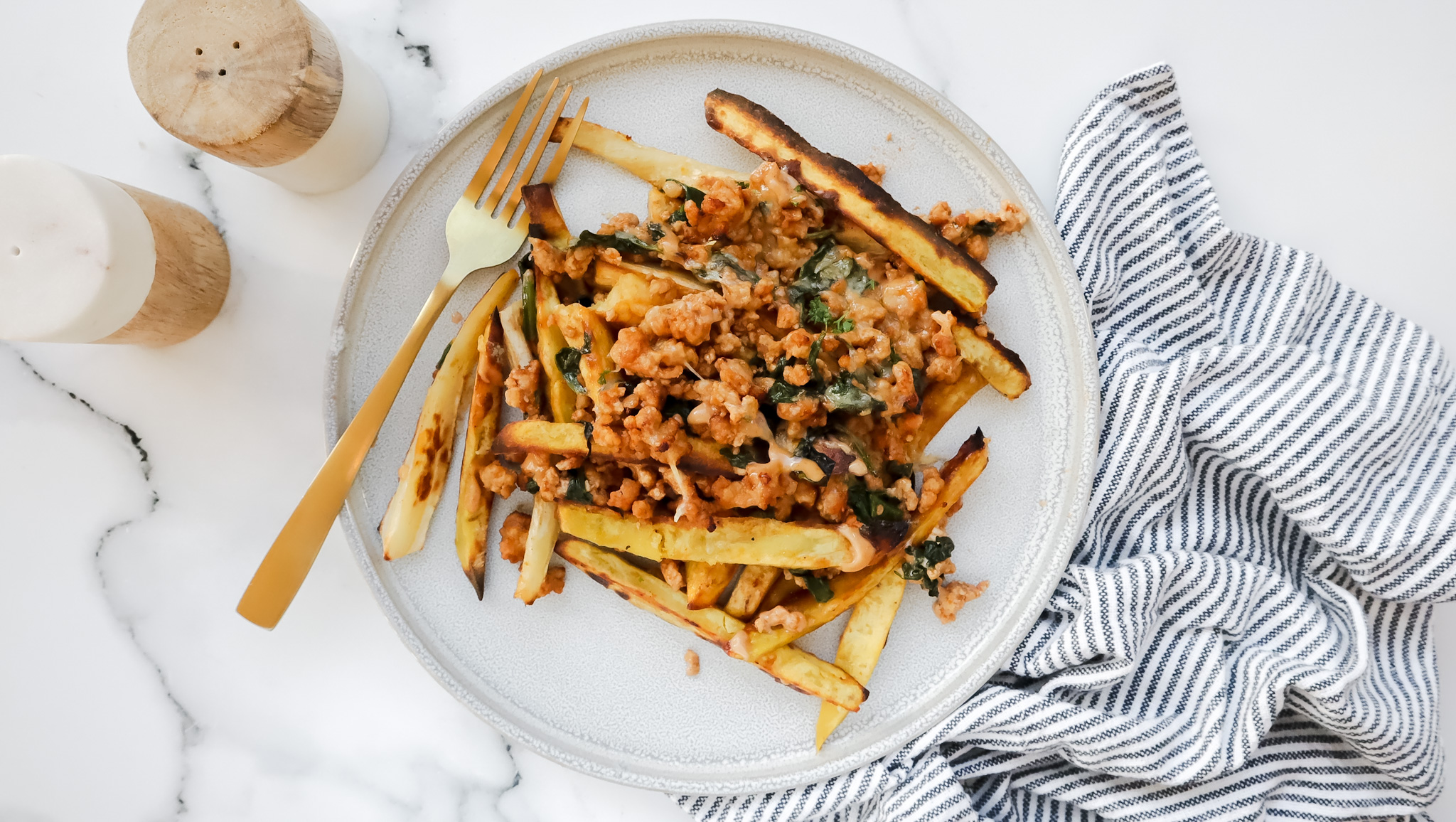 BBQ, cheese & pork loaded sweet potato fries with BBQ mayo swirl recipe