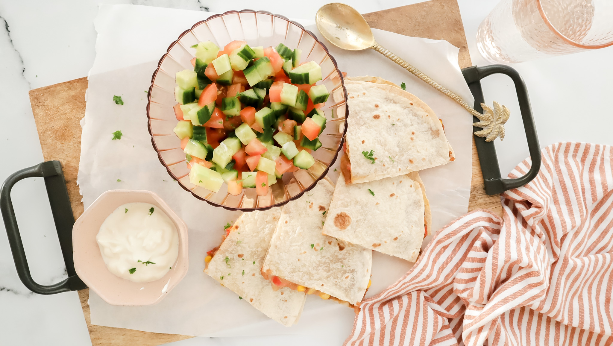 Cheesy corn & refried bean quesadillas with sour cream and tomato salsa recipe