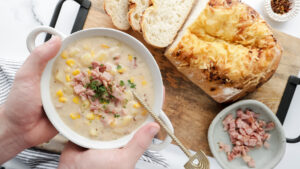 Creamy & bacon corn chowder with crusty ciabatta bread recipe