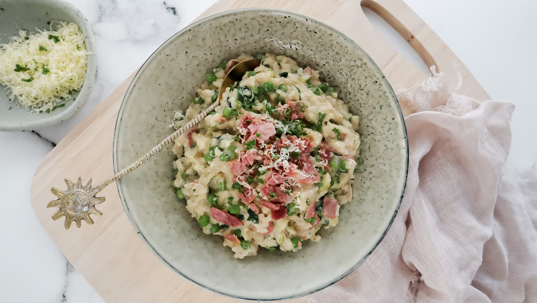 Creamy risotto with bacon, veggies & parmesan cheese recipe