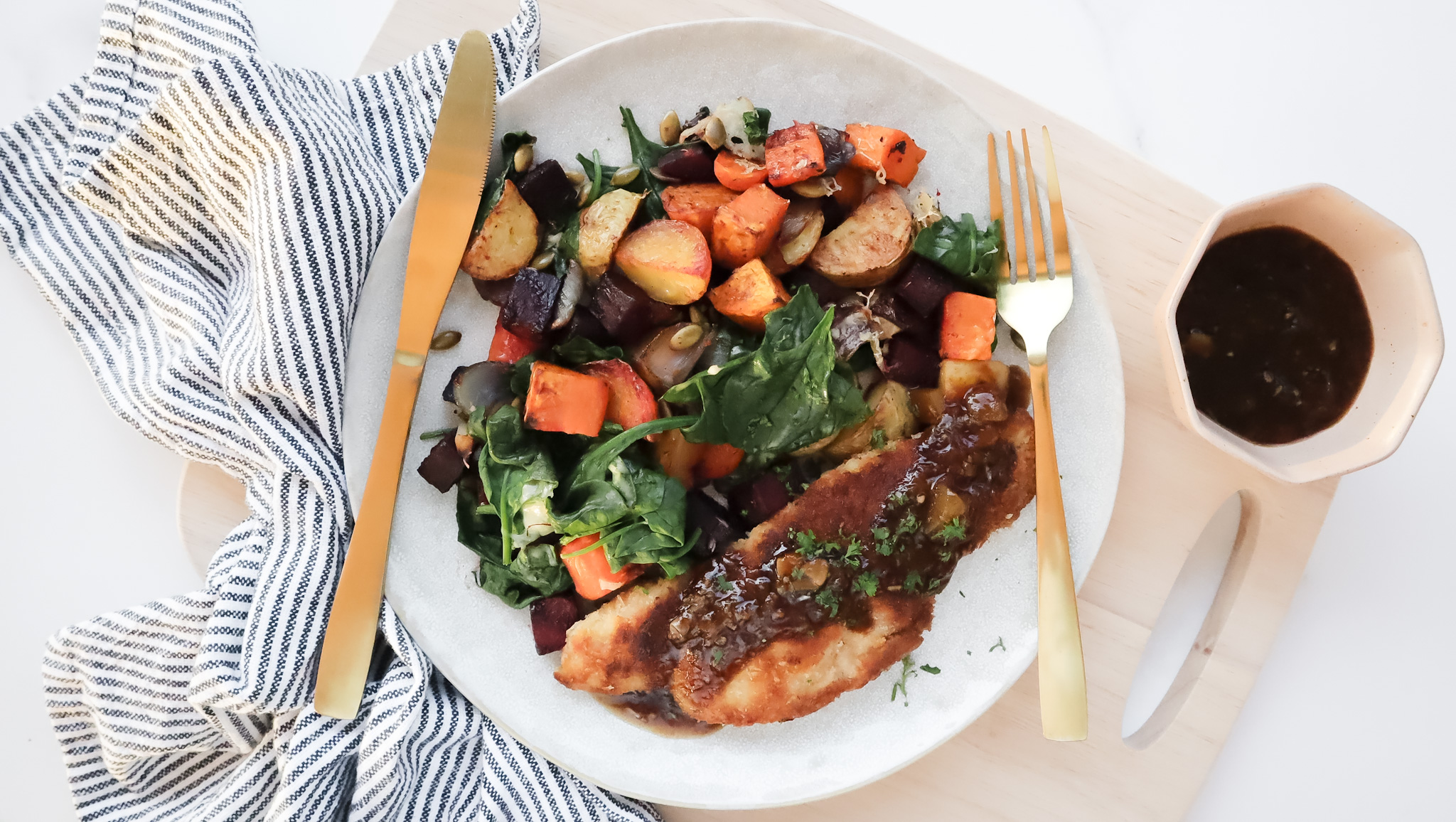 Crispy pork with apricot glaze & Mel’s roasties salad with mayo recipe