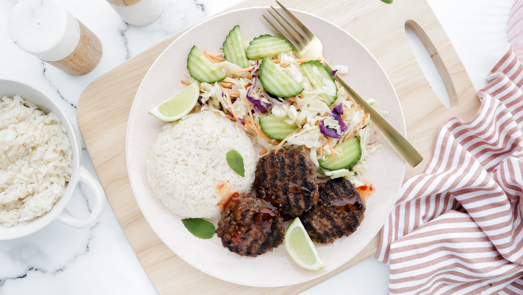 Sweet chilli lamb patties with Asian slaw, coconut rice & sweet chilli mayo recipe