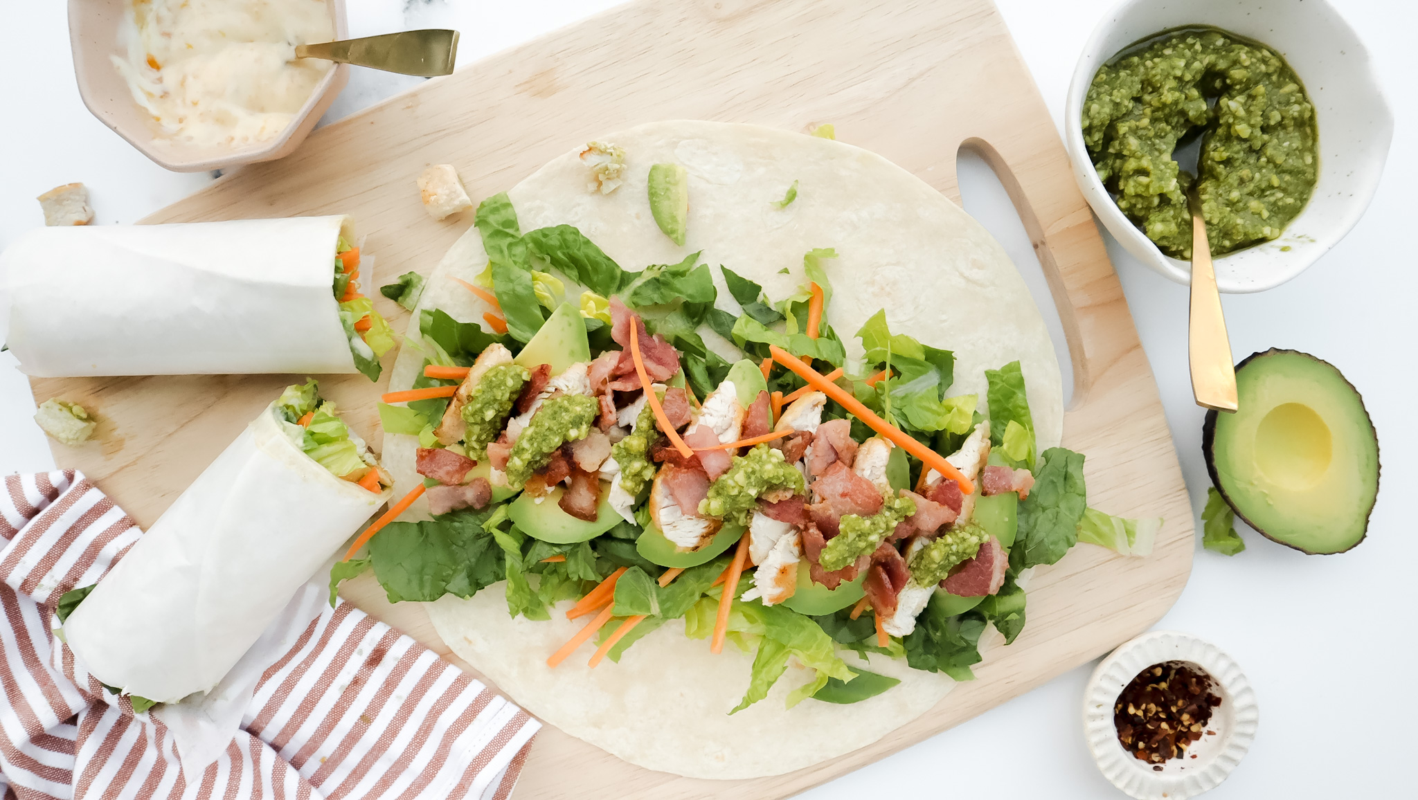 Chicken, bacon & lettuce wraps with basil pesto & apricot mango mayo recipe