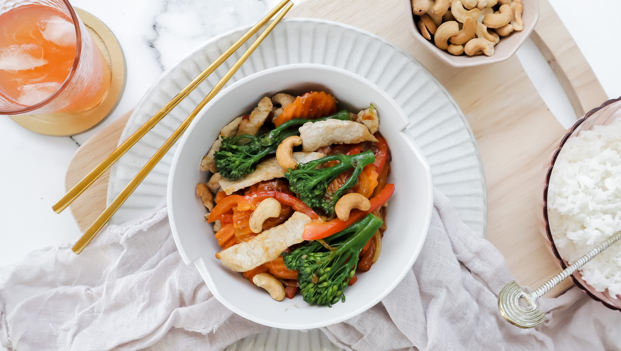 Classic Chinese pork stir-fry with jasmine rice & cashews recipe