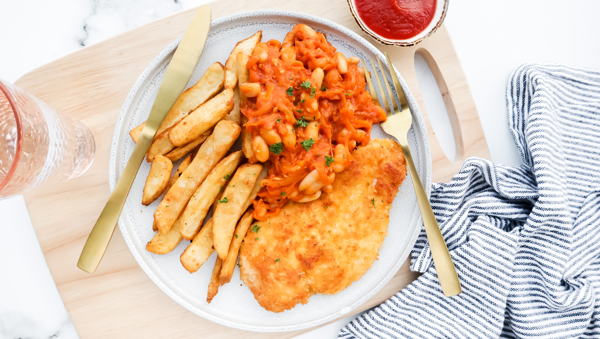 Crispy chicken with cheesy homemade baked beans & chunky chips recipe