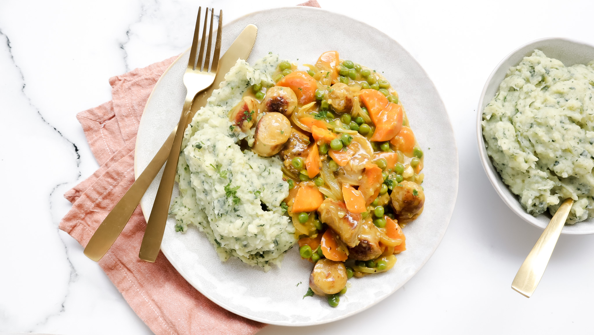 Quick curried sausages with veggie mash recipe