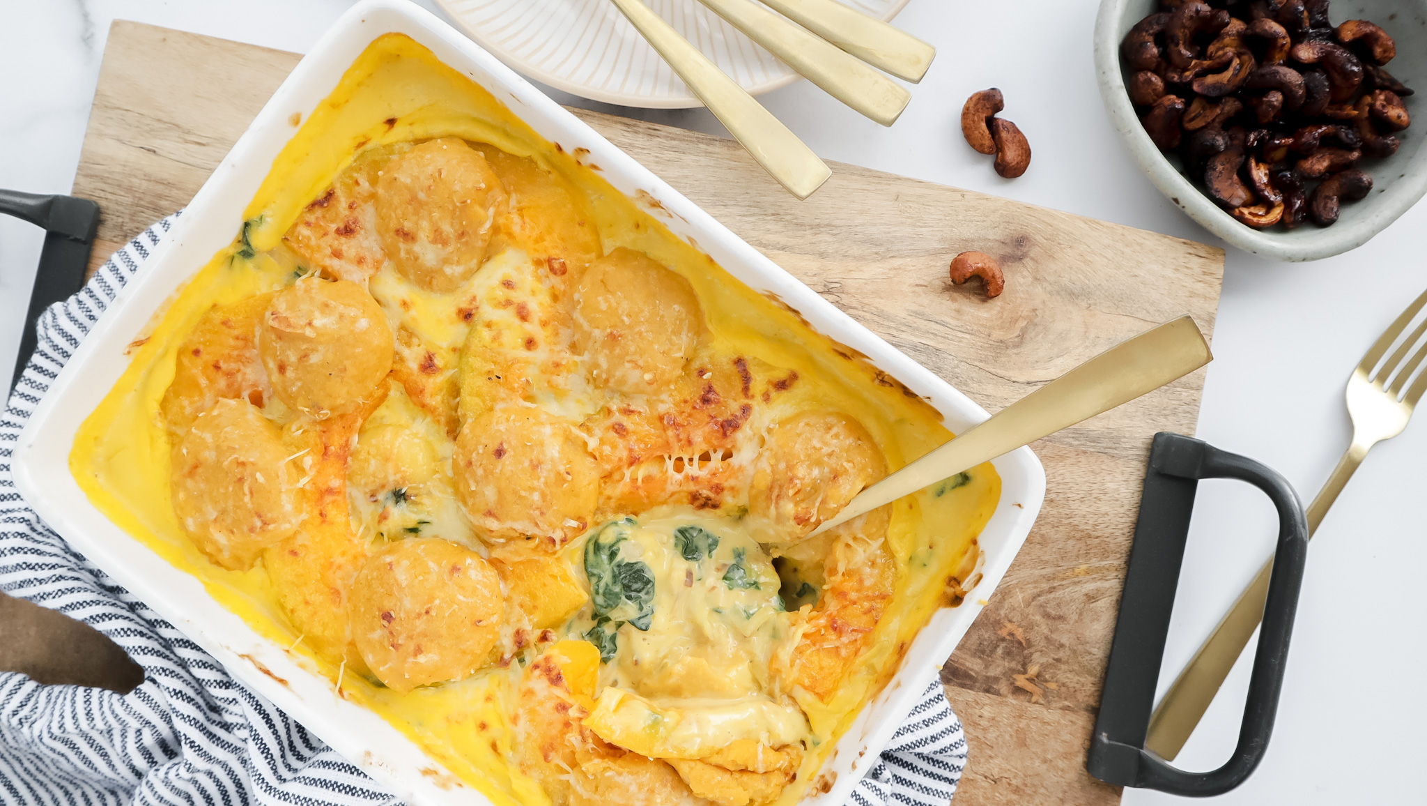 Roasted pumpkin & fried gnocchi in a creamy sauce with sweet & spicy cashews recipe