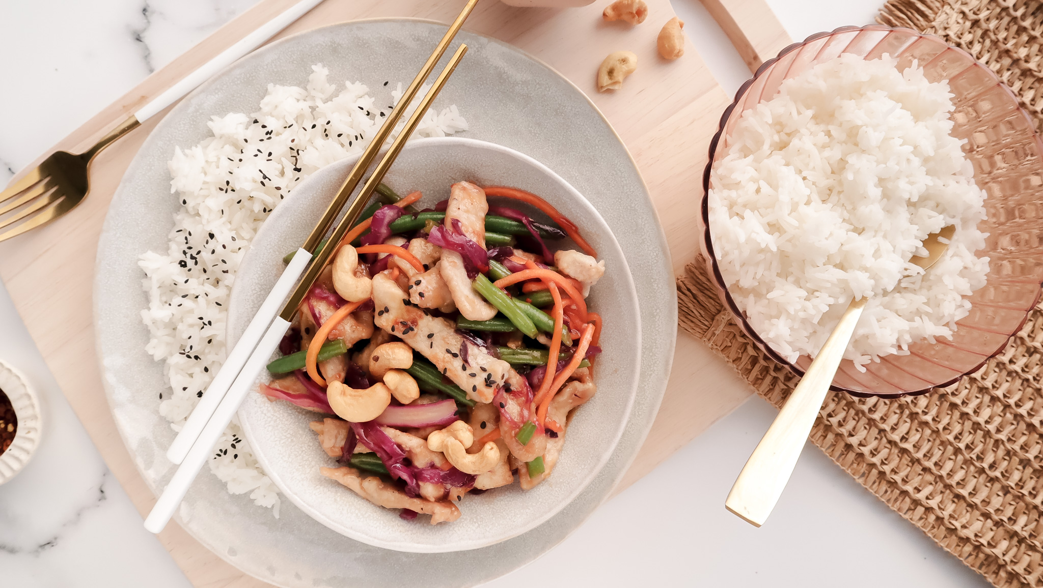 Sweet chilli pork & veggie stir-fry with jasmine rice & cashews recipe