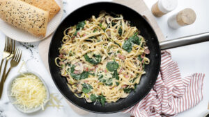 Creamy chicken, bacon & mushroom penne pasta with steamed greens recipe