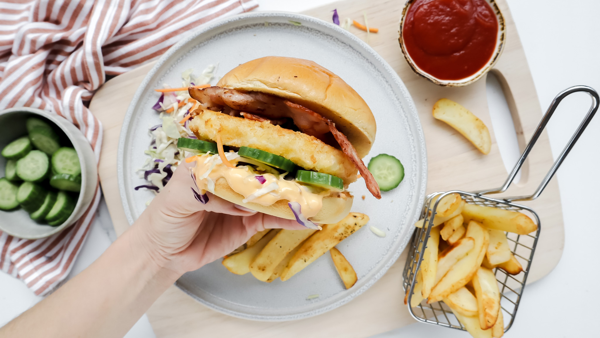 Franki’s crispy haloumi & bacon burger with slaw & chips recipe