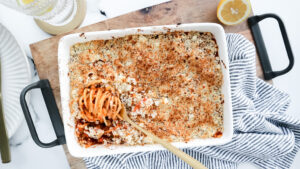 Veggie & tomato pesto bolognese bake with feta crumble recipe