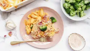 Bacon & pumpkin pasta bake with steamed greens Family-Friendly Meal Planning Subscription Weekly Shoppable Dinner Recipes Easy Meal Plans with Shopping Lists