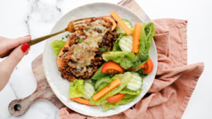 Beef & veggie loaded sweet potato with garden salad recipe meal planning