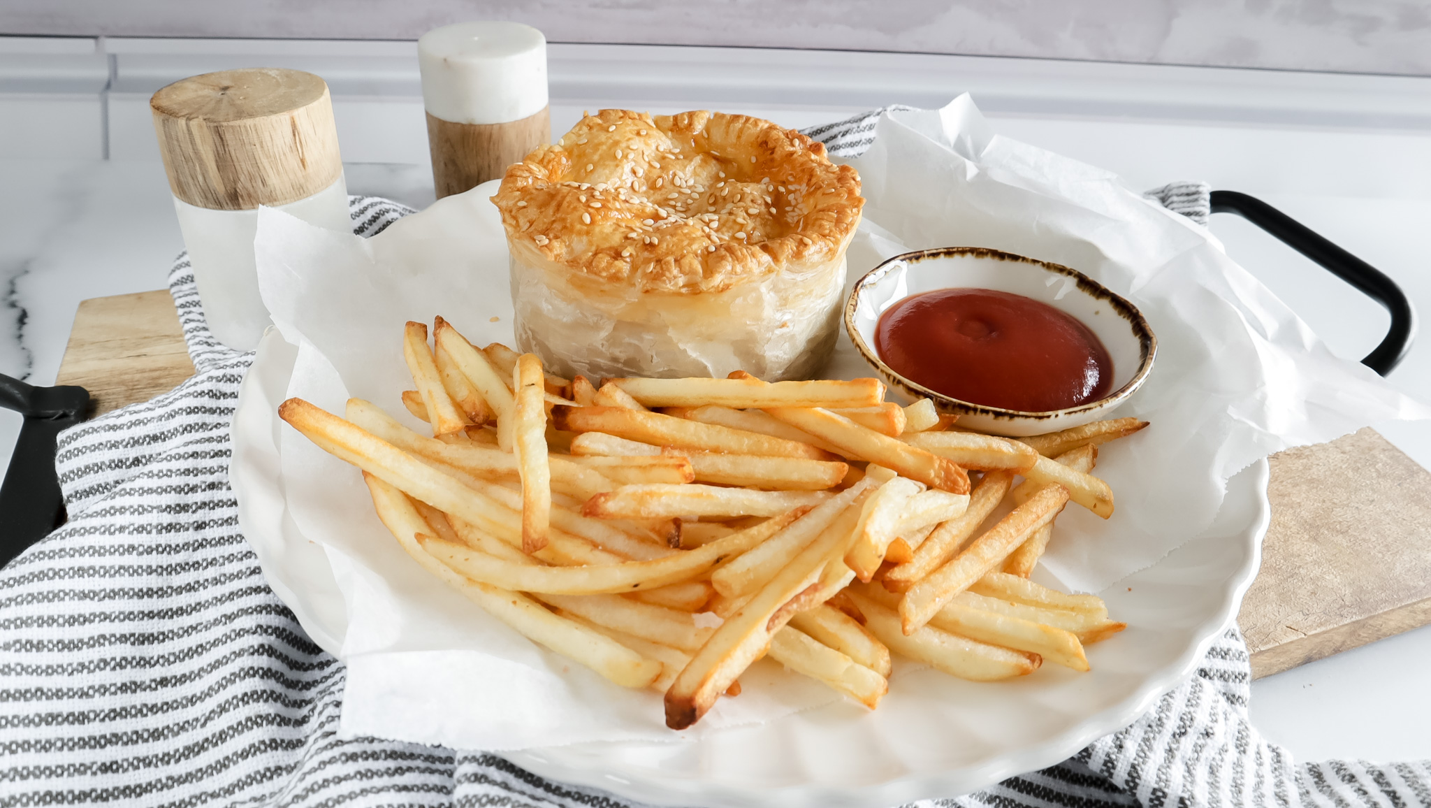 Big Mac style beef pie with shoestring fries & tomato sauce recipe