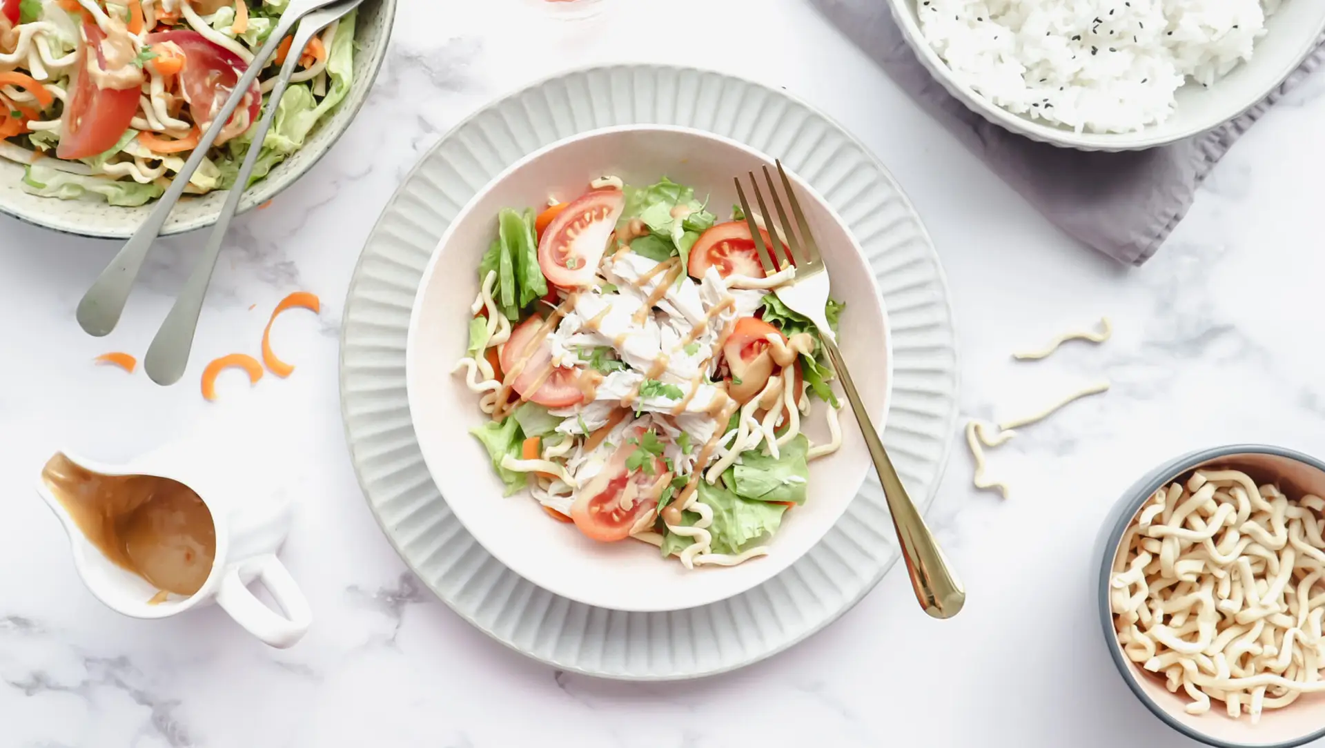 Chicken & crispy noodle salad with satay dressing & rice recipe Family-Friendly Meal Planning Subscription Weekly Shoppable Dinner Recipes Easy Meal Plans with Shopping Lists