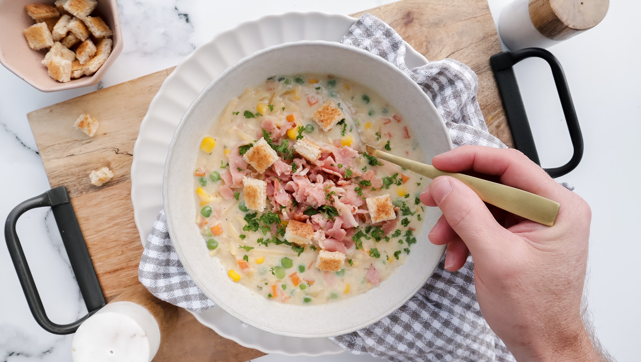 Creamy chicken noodle soup with bacon & crispy croutons recipe kid friendly soup
