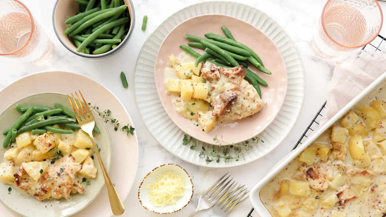 Creamy honey mustard chicken bake with steamed green beans Family-Friendly Meal Planning Subscription Weekly Shoppable Dinner Recipes Easy Meal Plans with Shopping Lists