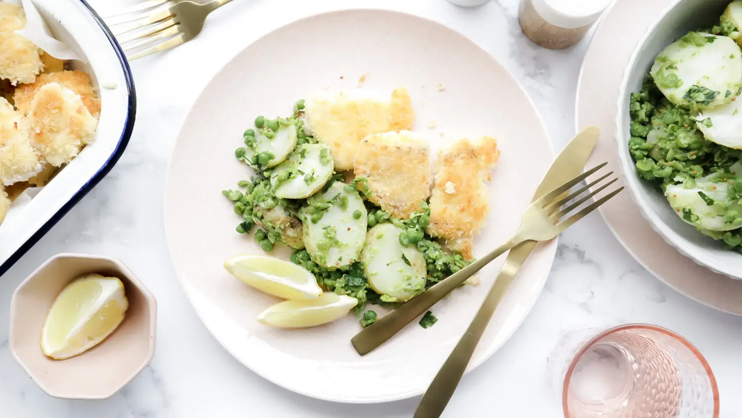 Crunchy fish bites with mushy pea, potato & feta salad Family-Friendly Meal Planning Subscription Weekly Shoppable Dinner Recipes Easy Meal Plans with Shopping Lists