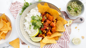 Mexican veggie nacho bowl with corn chips & smashed avo recipe meal planning meal planner dinner recipe