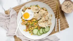 Family-Friendly Meal Planning Subscription Weekly Shoppable Dinner Recipes Easy Meal Plans with Shopping Lists Peanut satay dumplings with egg fried rice & cucumber recipe