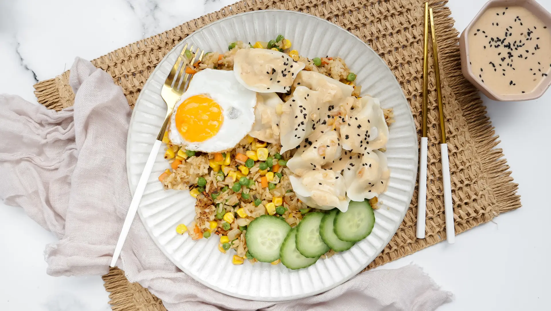 Family-Friendly Meal Planning Subscription Weekly Shoppable Dinner Recipes Easy Meal Plans with Shopping Lists Peanut satay dumplings with egg fried rice & cucumber recipe