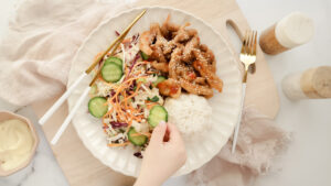 Sweet chilli fried chicken with sweet coconut rice & cucumber slaw meal planning