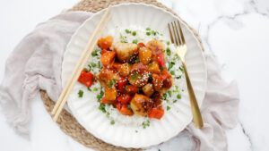 Sweet & sour chicken meatballs with pea rice meal planning
