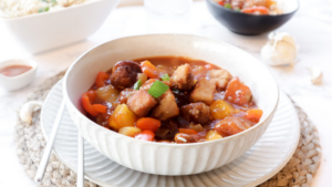 Sweet & sour chicken with cashews, pea & jasmine rice recipe meal planning