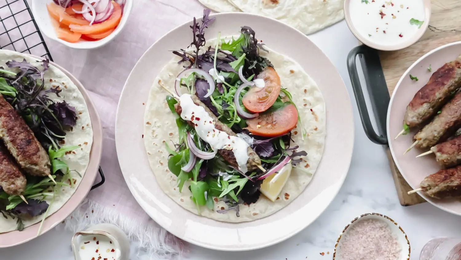 Turkish lamb kofta kebabs with salad & yoghurt sauce recipe Family-Friendly Meal Planning Subscription Weekly Shoppable Dinner Recipes Easy Meal Plans with Shopping Lists