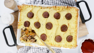 Bangers & mash style pie with creamy leek & apple meal planning