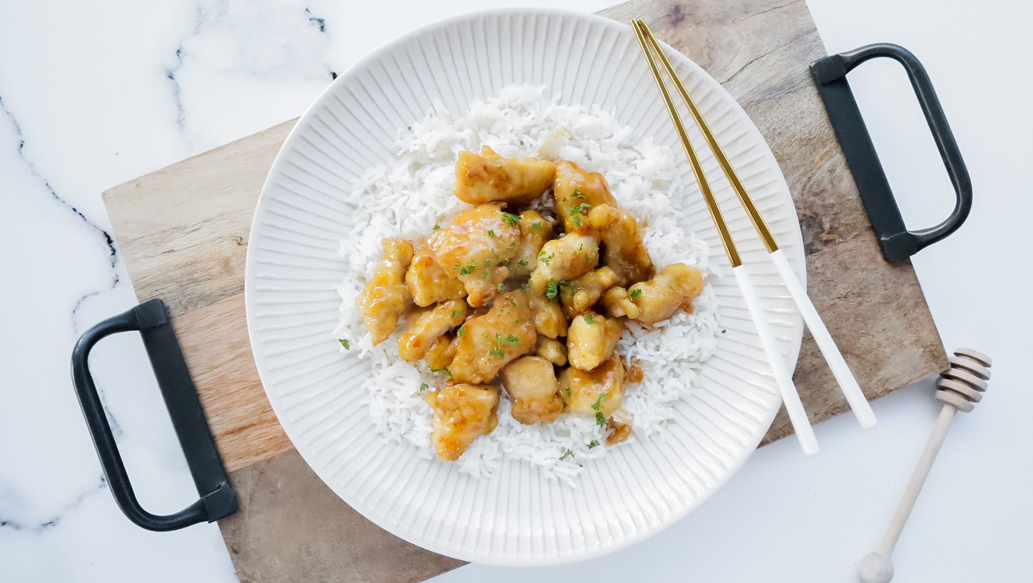 Crispy honey soy chicken & veggies with pea rice meal planning