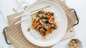 Pork, veggie & cashew stir-fry with jasmine rice meal planning