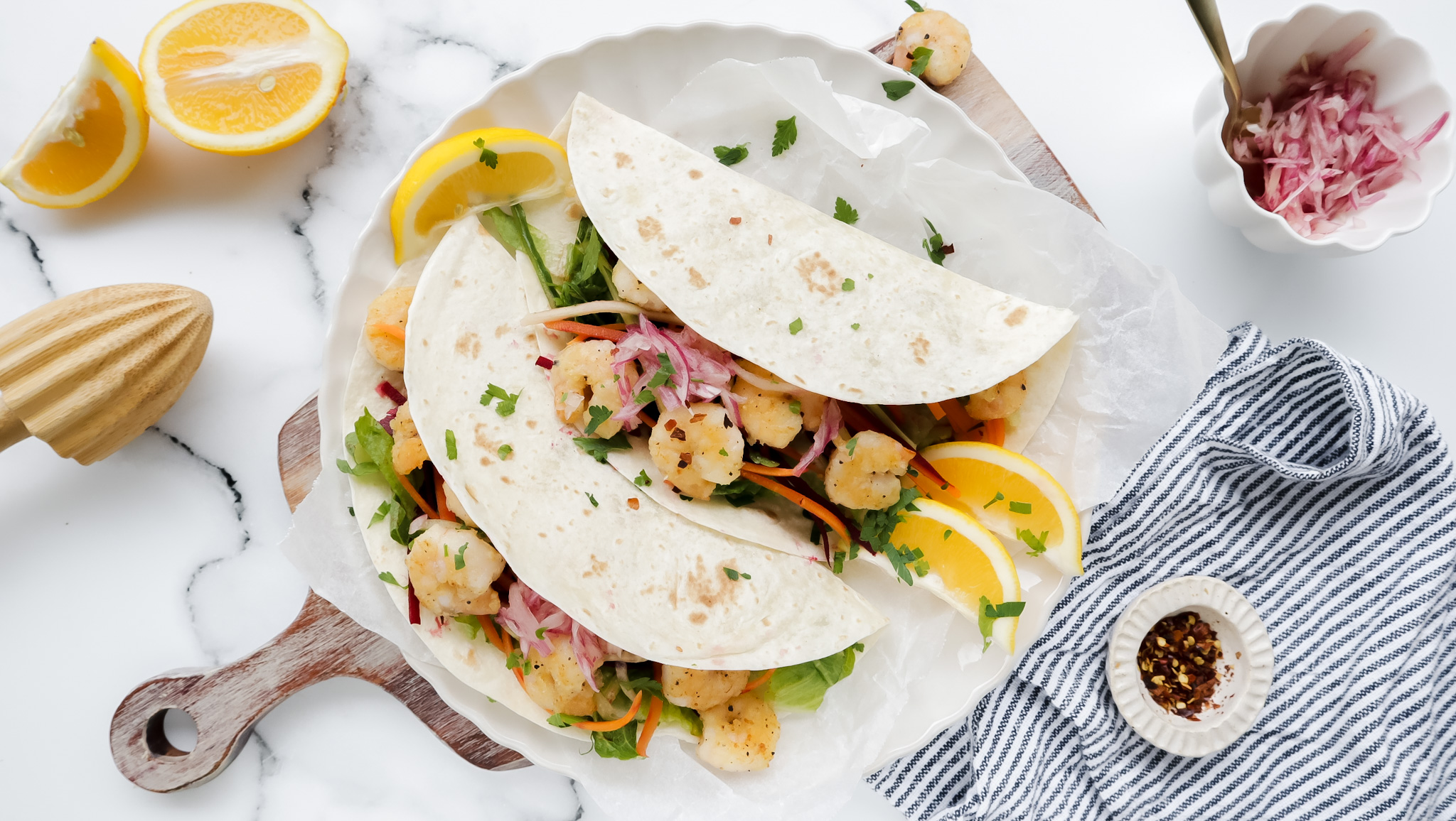 Quick prawn tacos with salad, pickled onion & kewpie mayo meal planning