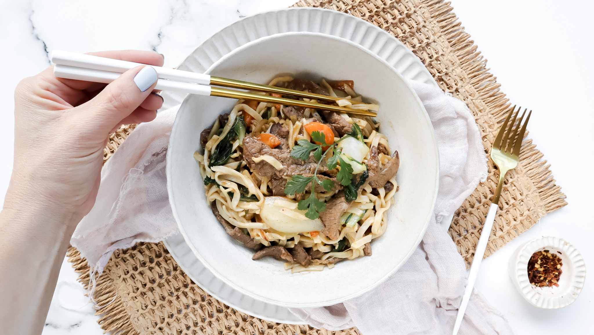 Saucy beef stir-fry with flat noodles family friendly meal